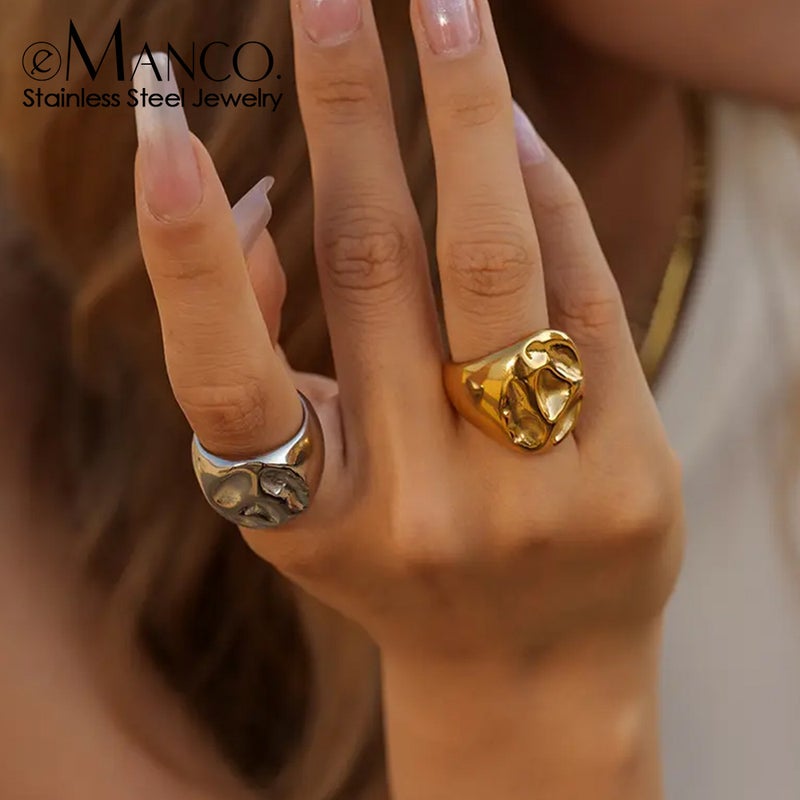 Emanco Japanese And Korean Ins Internet Celebrity Titanium Steel 18K Gold-Plated Stainless Steel Lava Concave Ring Jewelry - Image 2